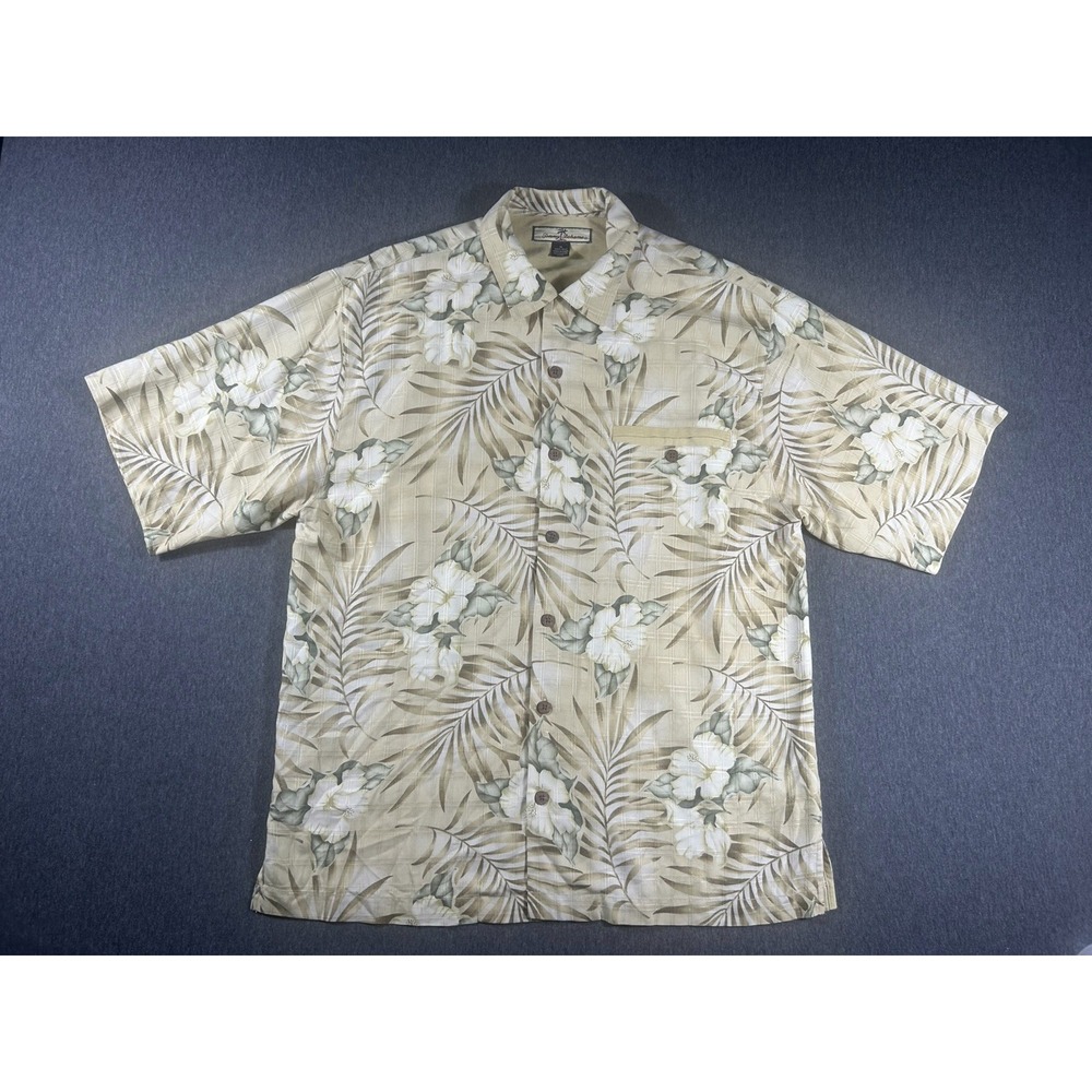 Tommy Bahama Men's100% Silk Beige Floral Palm Leaf Hawaiian Shirt Size M